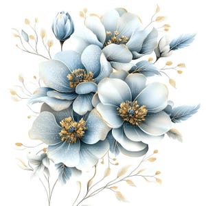 Puede incluir: Un ramo de flores azules y blancas con detalles dorados. Las flores est&aacute;n dispuestas en un racimo y tienen un aspecto suave y rom&aacute;ntico.