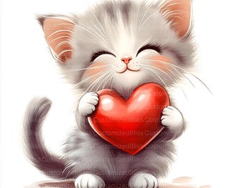 10 Valentine Kitten Clipart, Valentine Clipart, Dia dos Namorados, Coração Clipart, JPGs de alta qualidade, Criação de cartões, Artesanato em papel, Scrapbooking