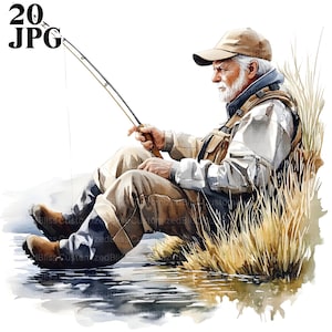 20 imágenes prediseñadas de anciano pescando, imágenes prediseñadas de pescador, archivos JPG de alta calidad, imágenes prediseñadas de acuarela, diario basura, descarga digital, manualidades de papel, imprimibles