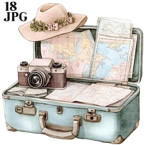 18 imágenes prediseñadas de viajes, imágenes prediseñadas de maletas, viajes de vacaciones, archivos JPG de alta calidad, imágenes prediseñadas de acuarela, diario basura, descarga digital, manualidades de papel