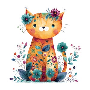 Può includere: Illustrazione ad acquerello di un gatto arancione ornato di fiori turchesi e viola. Il corpo del gatto è decorato con motivi floreali e circondato da un fogliame stilizzato, creando un design allegro e artistico.