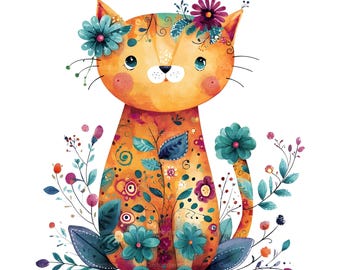 35 Folk Art Cat Clipart, Bohemian Animal Clipart, Whimsical Cat Clip Art, Printable Cat, Folk Art Animals, Quirky Animal Art, Watercolor JPG