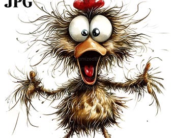 15 eigenzinnige haan clipart, cartoon kip met wilde veren, humoristische landbouwhuisdieren, hoge kwaliteit jpg, junk Journal, digitale download, ambacht