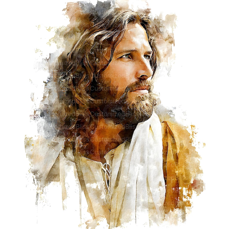 Op de afbeelding: Waterverfportret van een man met lang bruin haar, een baard en blauwe ogen, die naar rechts kijkt. Hij draagt een wit en goudkleurig gewaad. Het kunstwerk heeft een zachte, schilderachtige stijl met een witte achtergrond en de tekst "Bliss Customized".