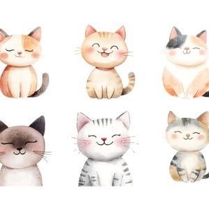 May include: Six watercolor illustrations of cute cats with different fur patterns and colors. The cats are all smiling and have closed eyes. They are all sitting on a white background.
