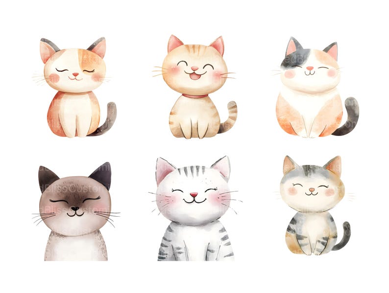 May include: Six watercolor illustrations of cute cats with different fur patterns and colors. The cats are all smiling and have closed eyes. They are all sitting on a white background.