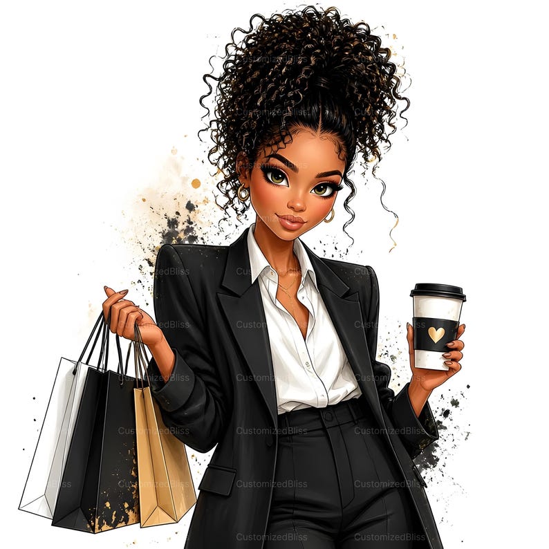 May include: Illustration of a woman in a black suit holding shopping bags and a coffee cup with a gold heart. She has curly hair and is wearing gold earrings. The background has gold and black paint splatters. The image has the text "CustomizedBliss".
