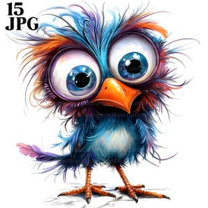 15 Crazy Colorful Bird Clipart, Fluffy Bird, Funny Bird, Cartoon Bird, High Quality JPGs, Watercolor Clipart, Junk Journal, Digital Download