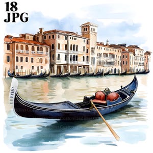 18 Venetië gondel clipart, romantische gondelafbeeldingen, hoge kwaliteit JPGs, aquarel clipart, Junk Journal, digitale download, Paper Craft
