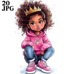 20 Clipart di ragazze afroamericane eccentriche con corona, ragazza afro carina, clipart acquerello, diario spazzatura, download digitale, lavoretti di carta, JPG