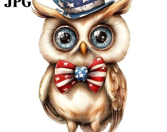 14 Patriotic Owl Clipart, Cute Owl with USA Hat and Bow Tie, 4th of July Clipart, High Quality JPG, Digital Download, Junk Journal, Clip Art