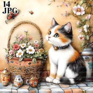 Wunderliche Glückskatzen Clip Art, 14 hochauflösende JPGs in Aquarellfarben für Junk Journaling, Scrapbooking, Kartenherstellung, digitaler Download, Fantasy Kätzchen