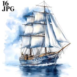 16 Aquarell Segel Schiff Clipart, Segelboot Clipart, hochwertige JPGs, Aquarell Clipart, Junk Journal, digitaler Download, Papiermodelle