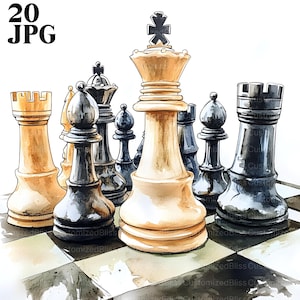 May include: Watercolor illustration of chess pieces on a checkered board. The white king is in the center, surrounded by black and white pieces. The image has a soft, artistic style with a focus on the details of the chess pieces.