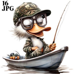 16 imágenes prediseñadas de ganso pescador, imágenes prediseñadas de pesca, imágenes prediseñadas de pescador, imágenes prediseñadas de caña de pescar, archivos JPG de alta calidad, diario basura, descarga digital, manualidades