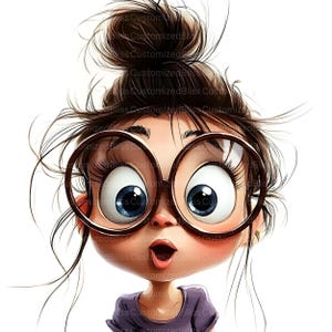 May include: A cartoon illustration of a surprised person with large, round glasses and wide blue eyes. The person has messy brown hair in a bun and is wearing a purple shirt. The mouth is open in an expression of shock.