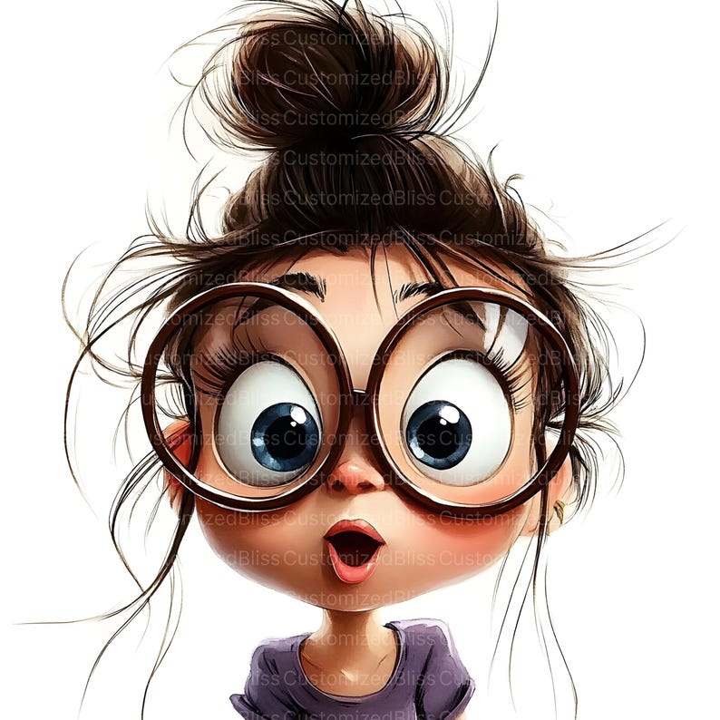 May include: A cartoon illustration of a surprised person with large, round glasses and wide blue eyes. The person has messy brown hair in a bun and is wearing a purple shirt. The mouth is open in an expression of shock.