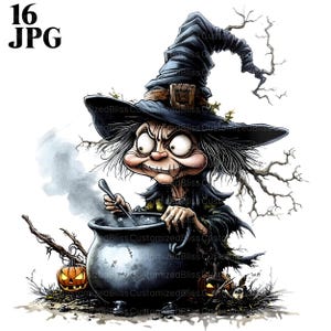 Może przedstawiać: Kreskówkowa czarownica w czarnym kapeluszu i długimi szarymi włosami miesza kocioł drewnianą łyżką. Kocioł jest wypełniony bulgocącym zielonym płynem. Wokół kotła znajdują się dynie i inne dekoracje halloweenowe.