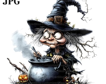 16 Quirky Witch Clipart, Boiling Cauldron Clipart, Witch Graphic, High Quality JPGs, Watercolor Clipart, Junk Journal, Digital Download