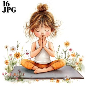 May include: Watercolor illustration of a person meditating in a yoga pose, wearing a white tank top and orange pants. The person is sitting on a gray yoga mat surrounded by wildflowers. The image includes the text "16 JPG" in the upper left corner.