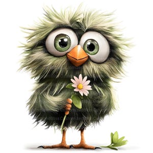 May include: A green, fuzzy, cartoon bird with large eyes holds a pink daisy with a yellow center. The bird has a small orange beak and is standing on a white background.