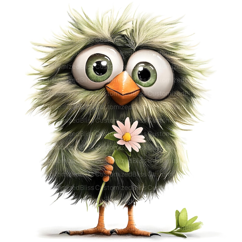 May include: A green, fuzzy, cartoon bird with large eyes holds a pink daisy with a yellow center. The bird has a small orange beak and is standing on a white background.