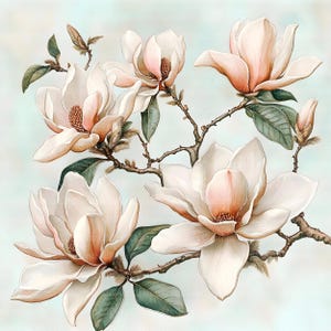 May include: A painting of a white magnolia flower branch with delicate pink centers and green leaves against a light blue background.
