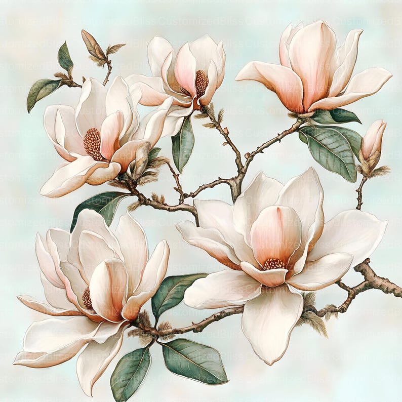 May include: A painting of a white magnolia flower branch with delicate pink centers and green leaves against a light blue background.