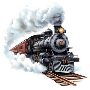 May include: A black steam locomotive with red passenger cars pulls out of a station, leaving a trail of white smoke. The locomotive has the number "429" on the front and the number "32" on the side.