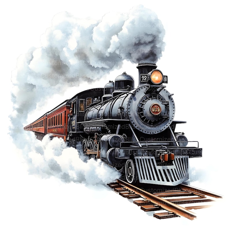 May include: A black steam locomotive with red passenger cars pulls out of a station, leaving a trail of white smoke. The locomotive has the number "429" on the front and the number "32" on the side.