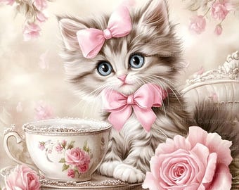 油絵　マミ　幸せを呼ぶピンク色の猫 19 かわいい猫、みすぼらしいシックな子猫、水彩画の子猫、猫の