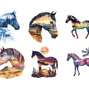 Puede incluir: Seis ilustraciones de acuarela de caballos con diferentes paisajes superpuestos. Los caballos est&aacute;n en varias poses, incluyendo corriendo, de pie y mirando hacia un lado. Los paisajes incluyen un bosque, un desierto, una playa y una cordillera.