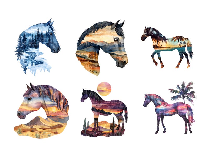 Puede incluir: Seis ilustraciones de acuarela de caballos con diferentes paisajes superpuestos. Los caballos est&aacute;n en varias poses, incluyendo corriendo, de pie y mirando hacia un lado. Los paisajes incluyen un bosque, un desierto, una playa y una cordillera.