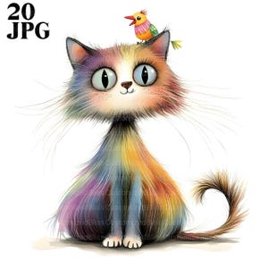 20 Frazzled Cat with Bird Clipart, Quirky Cat Clipart, High Quality JPGs, Watercolor Clipart, Junk Journal, Digital Download, Paper Craft