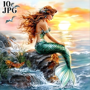 Paquete de imágenes prediseñadas de sirena sobre rocas en el mar, 10 archivos JPG de alta calidad, imágenes prediseñadas de sirena, imágenes prediseñadas de sirena, diario basura, manualidades de papel, álbumes de recortes