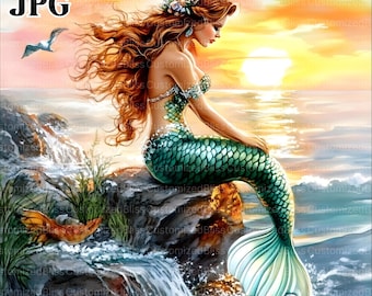 Mermaid on Rocks at Sea Clipart Bundle, 10 High Quality JPGs, Mermaid Clipart, Mermaid Clip Art, Junk Journal, Paper Craft, Scrapbooking