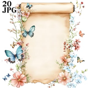May include: A watercolor illustration of a scroll with a light brown background, adorned with colorful flowers and butterflies. The scroll is decorated with pink, blue, and peach-colored flowers, and several butterflies in shades of blue and brown.