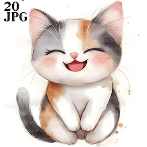 20 Adorable Cartoon Cat Clipart, Kitten Clipart, High Quality JPG, Watercolor Clipart, Junk Journal, Digital Download, Paper Craft, Clip Art