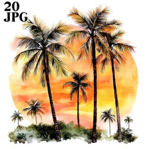 May include: Watercolor painting of several palm trees against a sunset backdrop. The image features a vibrant orange and yellow sky, with the text "20 JPG" in the upper left corner. The palm trees are detailed with green fronds and brown trunks.