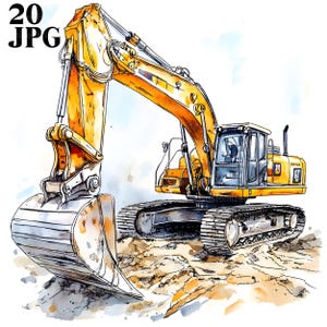 20 Clipart de escavadeira de desenho animado, clipart de construção, clipart de aquarela para impressão, JPGs de alta qualidade, download digital de diário de artesanato em papel