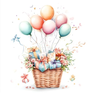 Puede incluir: Una ilustraci&oacute;n de acuarela de una cesta llena de regalos envueltos de colores vivos y rodeada de globos pastel. La cesta est&aacute; llena de regalos y flores, y los globos flotan por encima. La imagen es una celebraci&oacute;n de un cumplea&ntilde;os o una ocasi&oacute;n especial.