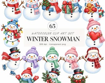 Watercolor Snowman Clipart, Cute Snowman PNG, Winter Clipart, Kawaii Clipart, Christmas Clipart, Kids Clipart Bundle, Cute Winter PNG