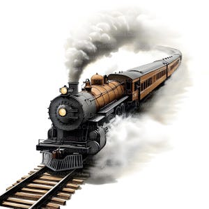May include: A vintage steam locomotive train with a black and brown engine pulling a line of brown passenger cars. The train is moving forward and leaving a trail of white smoke behind it.