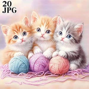 Kätzchen mit Garn Clip Art, Orange Katze, Katzen Clipart, Kätzchen Clipart, Tier Clipart, Aquarell Clipart, digitaler Download, JPG