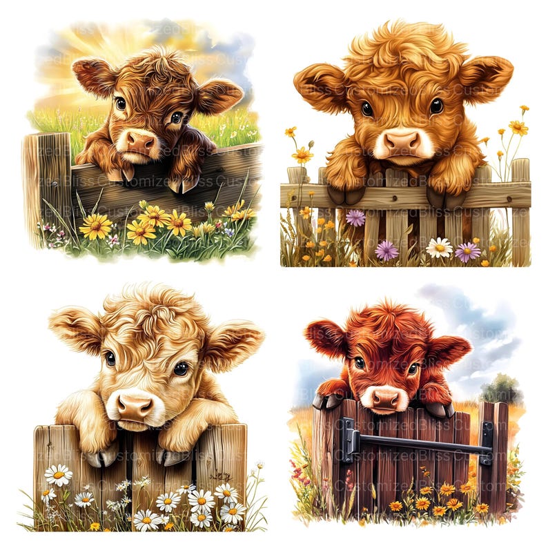 May include: Four digital illustrations of brown and white calves peeking over wooden fences. Each calf has a different expression and is surrounded by green grass and colorful flowers.