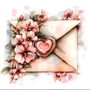 Liebesbrief mit rosa Blumen, Clipart-Bundle, Valentinstag, 20 hochwertige Aquarell JPG, Journaling, Scrapbooking, digitaler Download