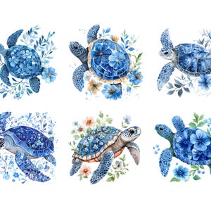 May include: Six watercolor illustrations of blue sea turtles with floral accents. Each turtle is surrounded by blue and white flowers. The turtles are painted in a realistic style.
