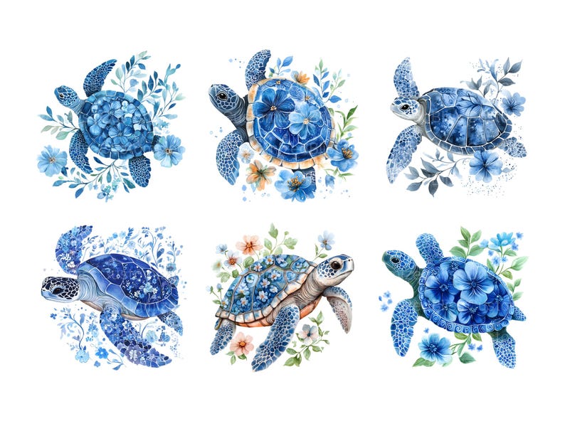 May include: Six watercolor illustrations of blue sea turtles with floral accents. Each turtle is surrounded by blue and white flowers. The turtles are painted in a realistic style.