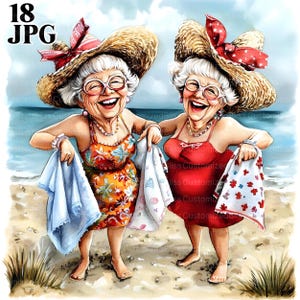 18 Funny Old Ladies In The Summer Clipart, Best Friends, Cartoon Old Lady, Quirky Old Ladies, Junk Journal, Digital Download, Watercolor JPG