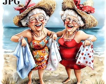 18 Funny Old Ladies In The Summer Clipart, Best Friends, Cartoon Old Lady, Quirky Old Ladies, Junk Journal, Digital Download, Watercolor JPG